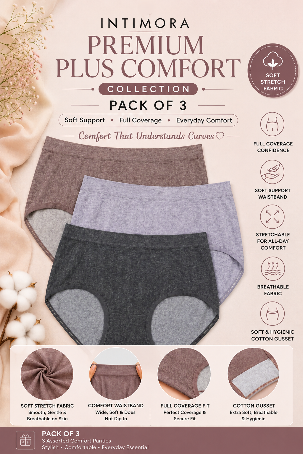 INTIMORA Yonika Curve Comfort Plus Size Panties Pack of 3 – Breathable Full Coverage Innerwear