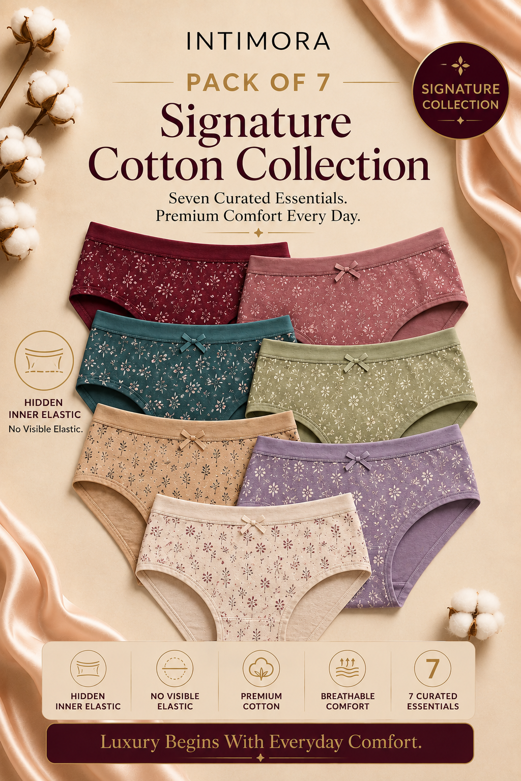 INTIMORA Yonika Signature Cotton Collection – Pack of 7 premium printed panties (Assorted prints & colors)