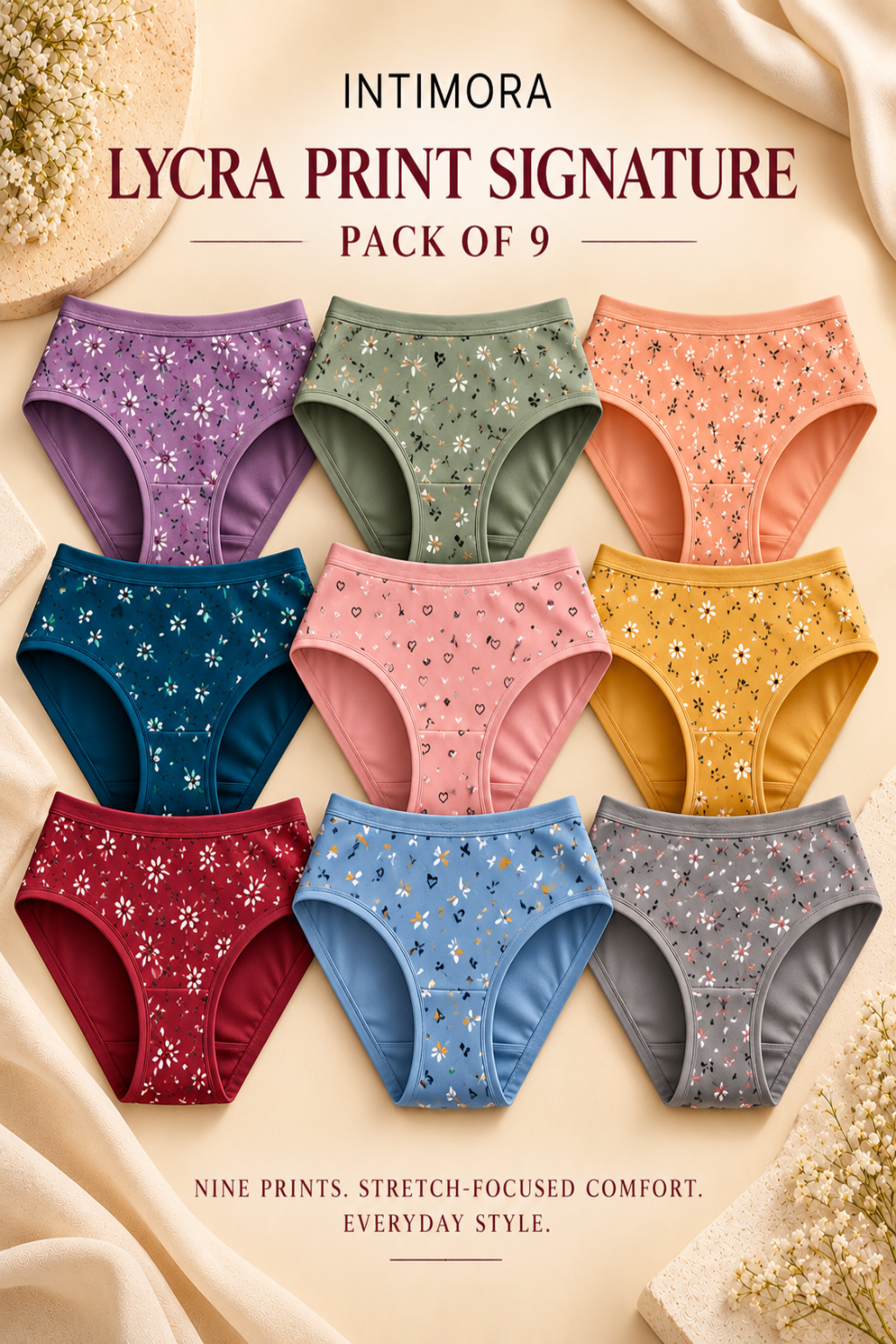 INTIMORA Lycra Printed panties — Pack of 9 | Assorted colors & Prints