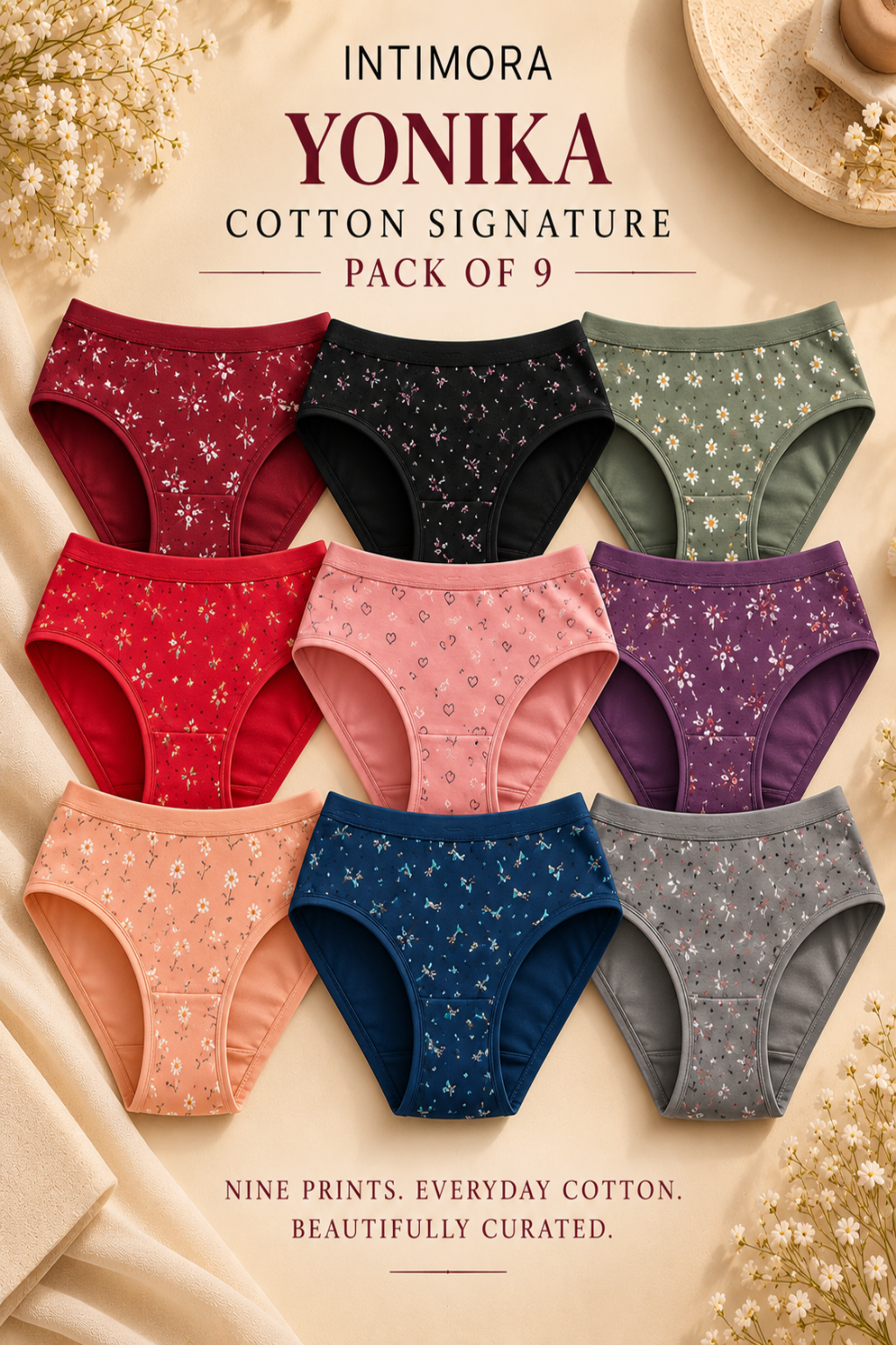 INTIMORA Yonika Printed Cotton Panties for Women – Pack of 9 | Assorted colors & Prints