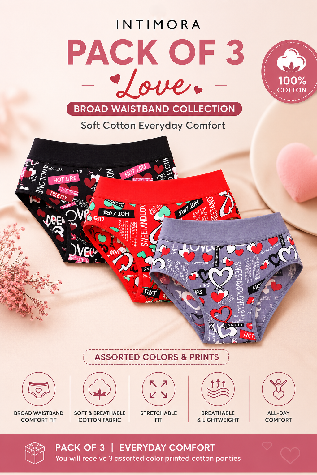 Pack of 3 cotton panties with various designs on a light background