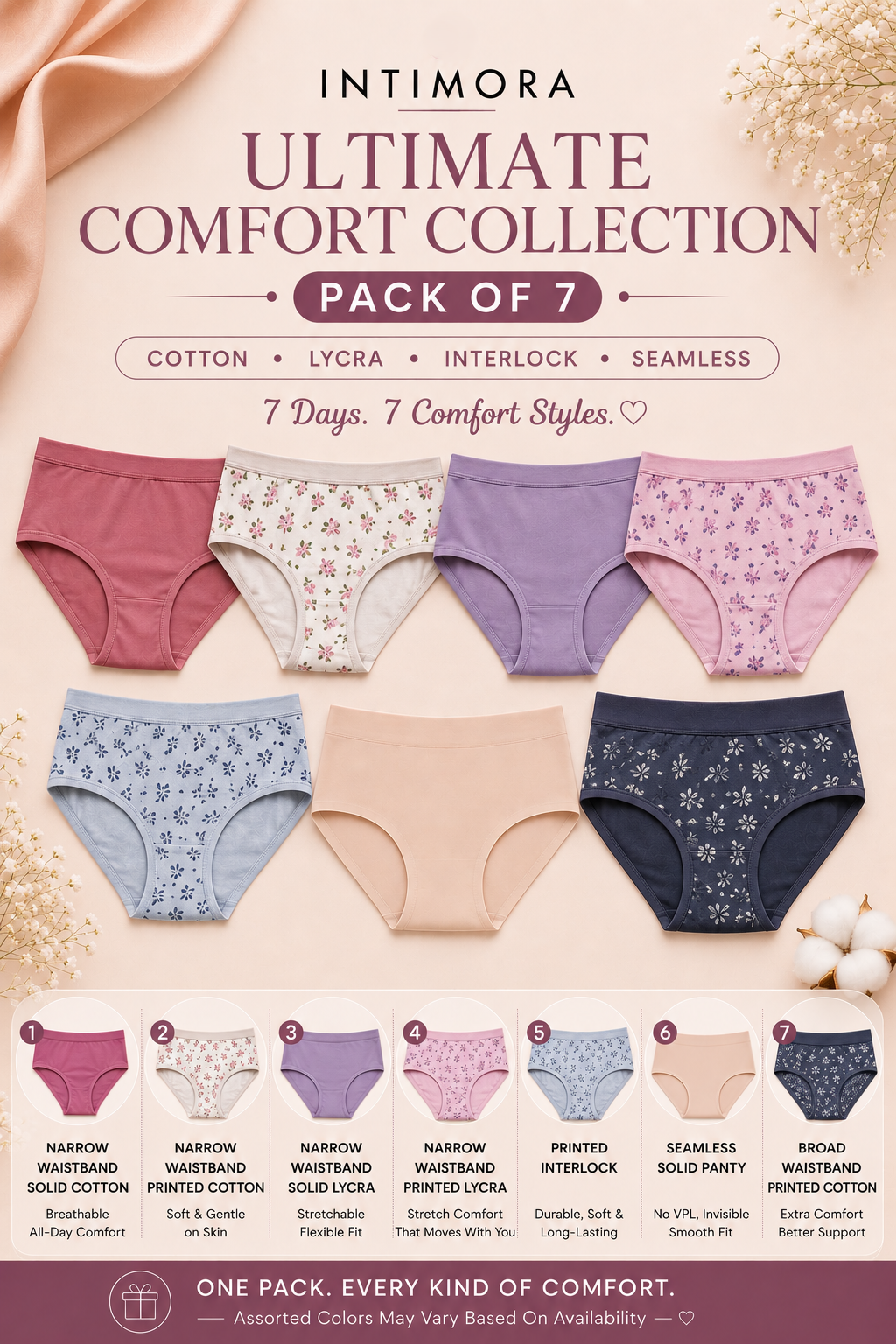Intimora Ultimate Comfort Collection packaging with various colored panties.