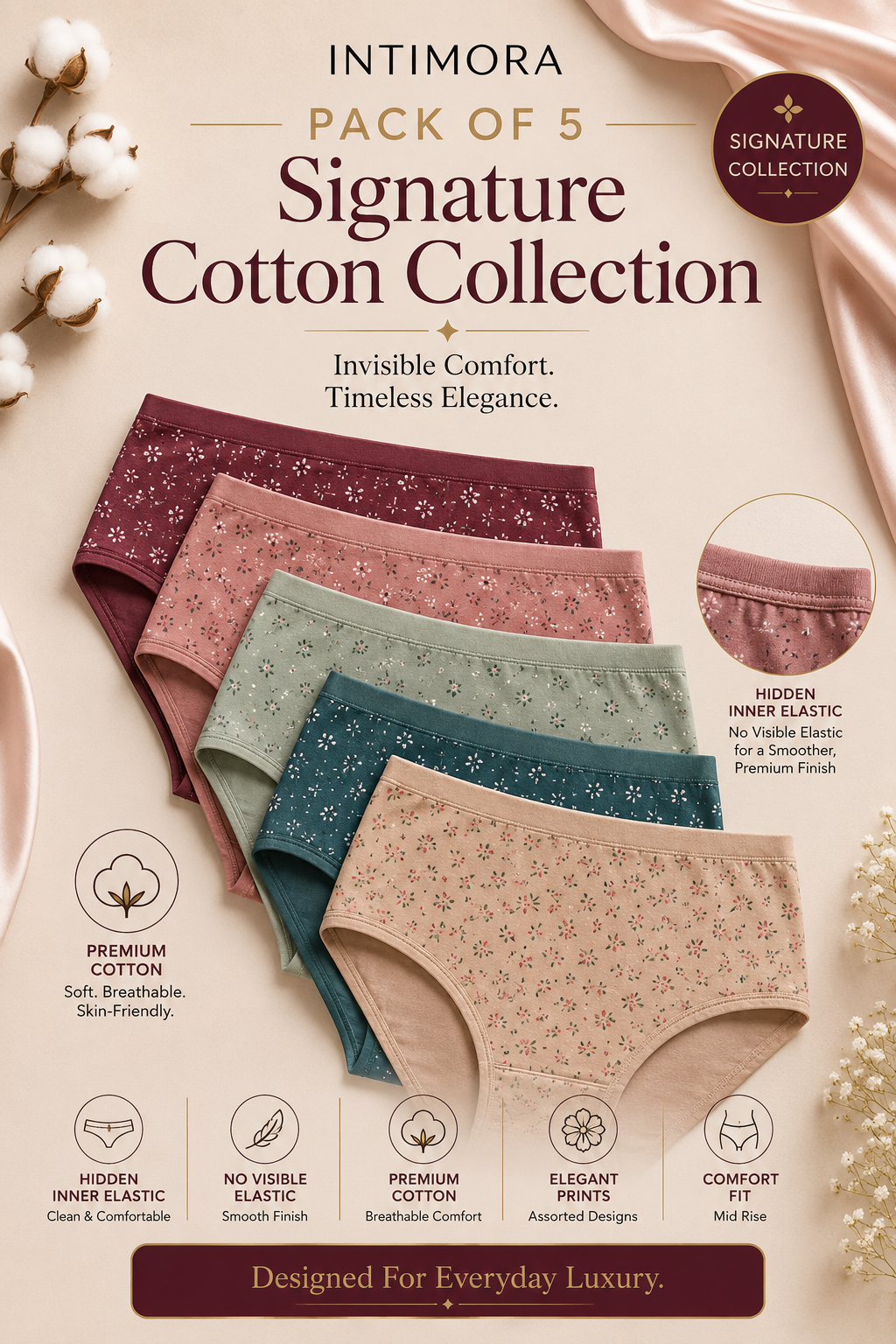 INTIMORA Yonika Signature Premium Cotton Printed Panties Pack of 5 (Assorted Colors &amp; Prints)