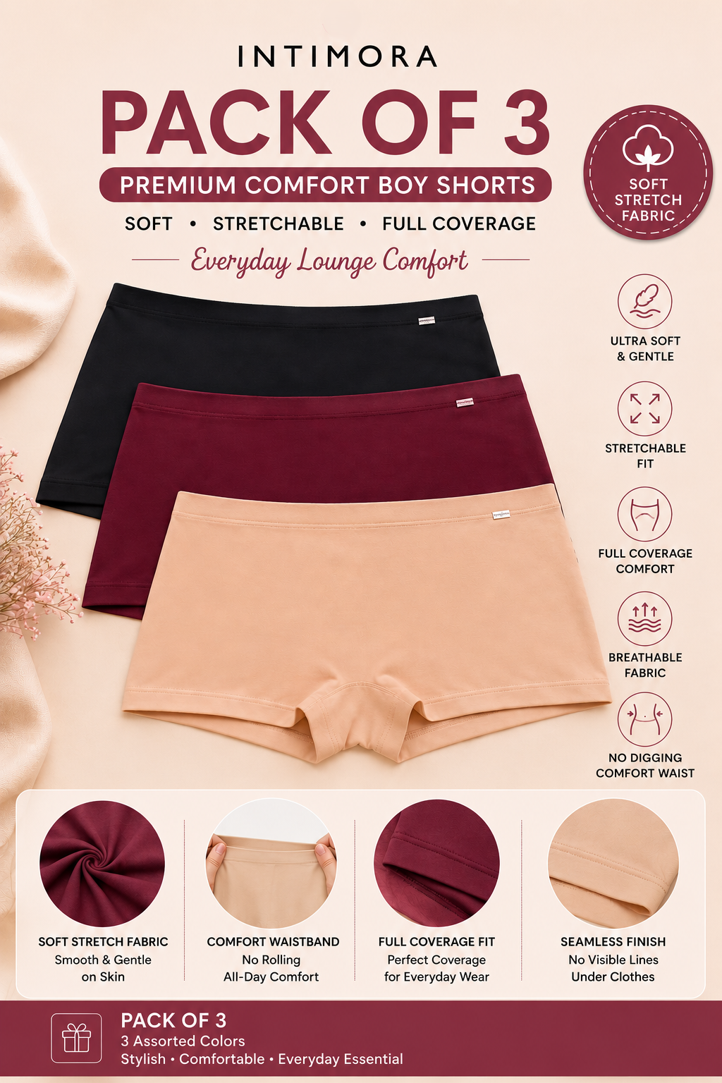 INTIMORA Premium Comfort Boy Shorts Pack of 3 – Soft Stretch Full Coverage Boyshort for Women
