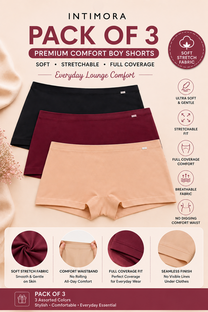 INTIMORA Premium Comfort Boy Shorts Pack of 3 – Soft Stretch Full Coverage Boyshort for Women
