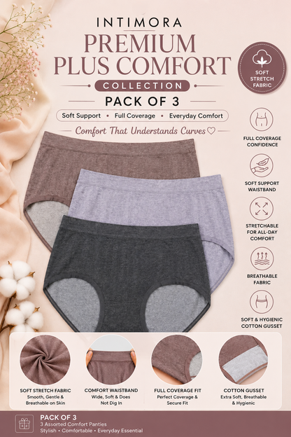 INTIMORA Yonika Curve Comfort Plus Size Panties Pack of 3 – Breathable Full Coverage Innerwear