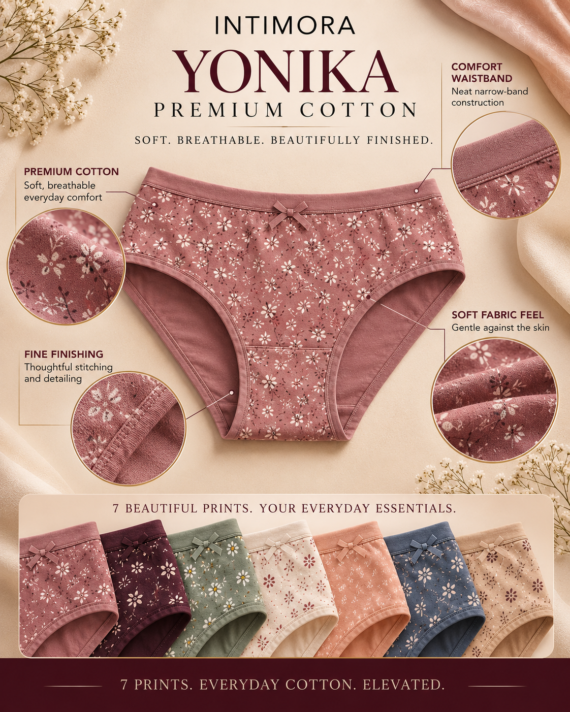 INTIMORA Yonika Premium Cotton Printed Mid Rise Panties – Pack of 7 (Assorted colors &amp; Prints)