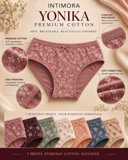 INTIMORA Yonika Premium Cotton Printed Mid Rise Panties – Pack of 7 (Assorted colors &amp; Prints)