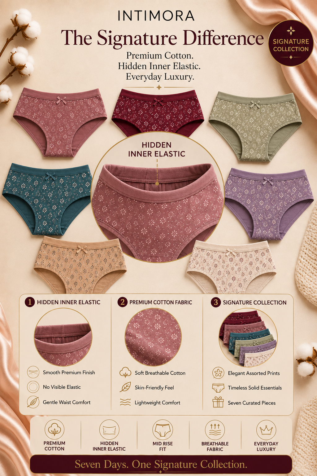 INTIMORA Yonika Signature Cotton Collection – Pack of 7 premium printed panties (Assorted prints &amp; colors)