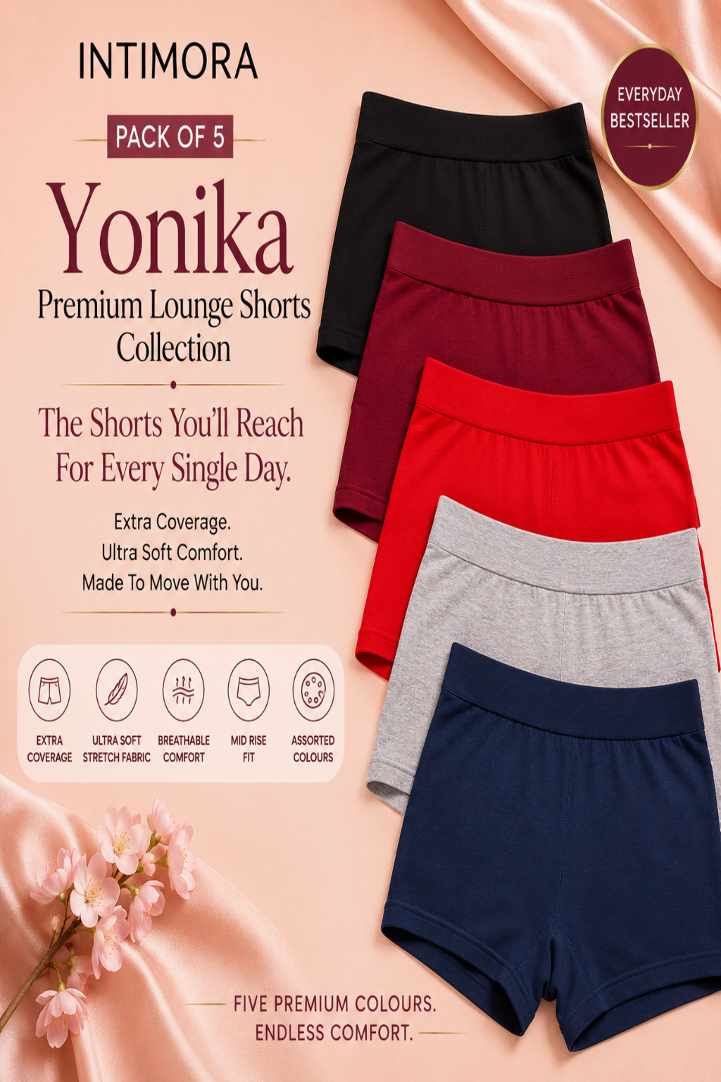 INTIMORA Yonika Premium Lounge boy shorts Luxe Collection – Pack of 5 (Assorted colors)