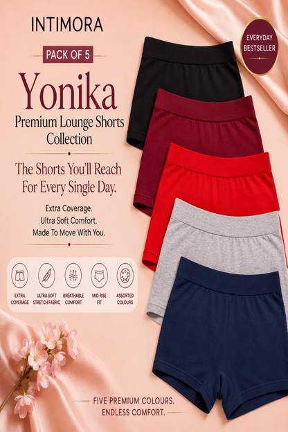 INTIMORA Yonika Premium Lounge boy shorts Luxe Collection – Pack of 5 (Assorted colors)