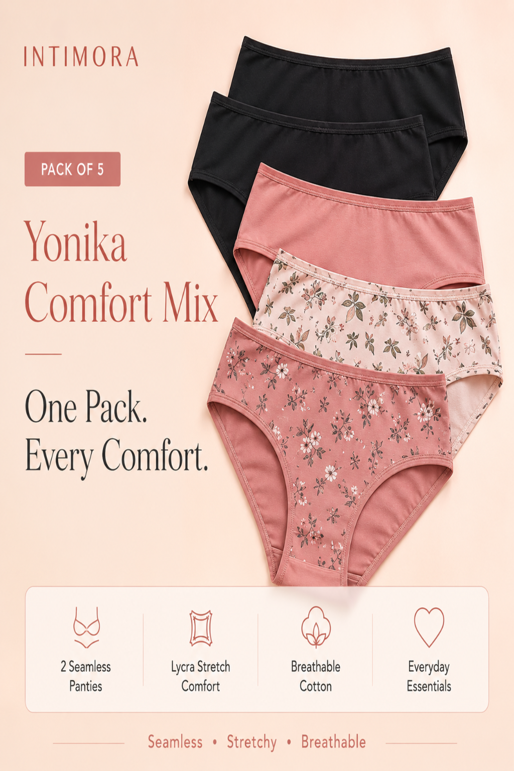 Pack of 5 Yonika Comfort Mix panties with Intimora branding on a light pink background.