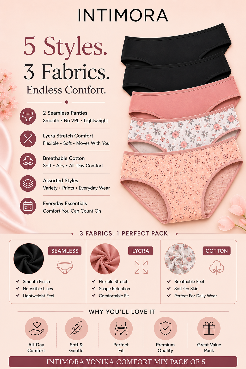 INTIMORA Yonika Assorted Comfort Panty Pack of 5 – Seamless, Printed &amp; Stretch Fit Everyday Essentials (Assorted Colors &amp; Prints)