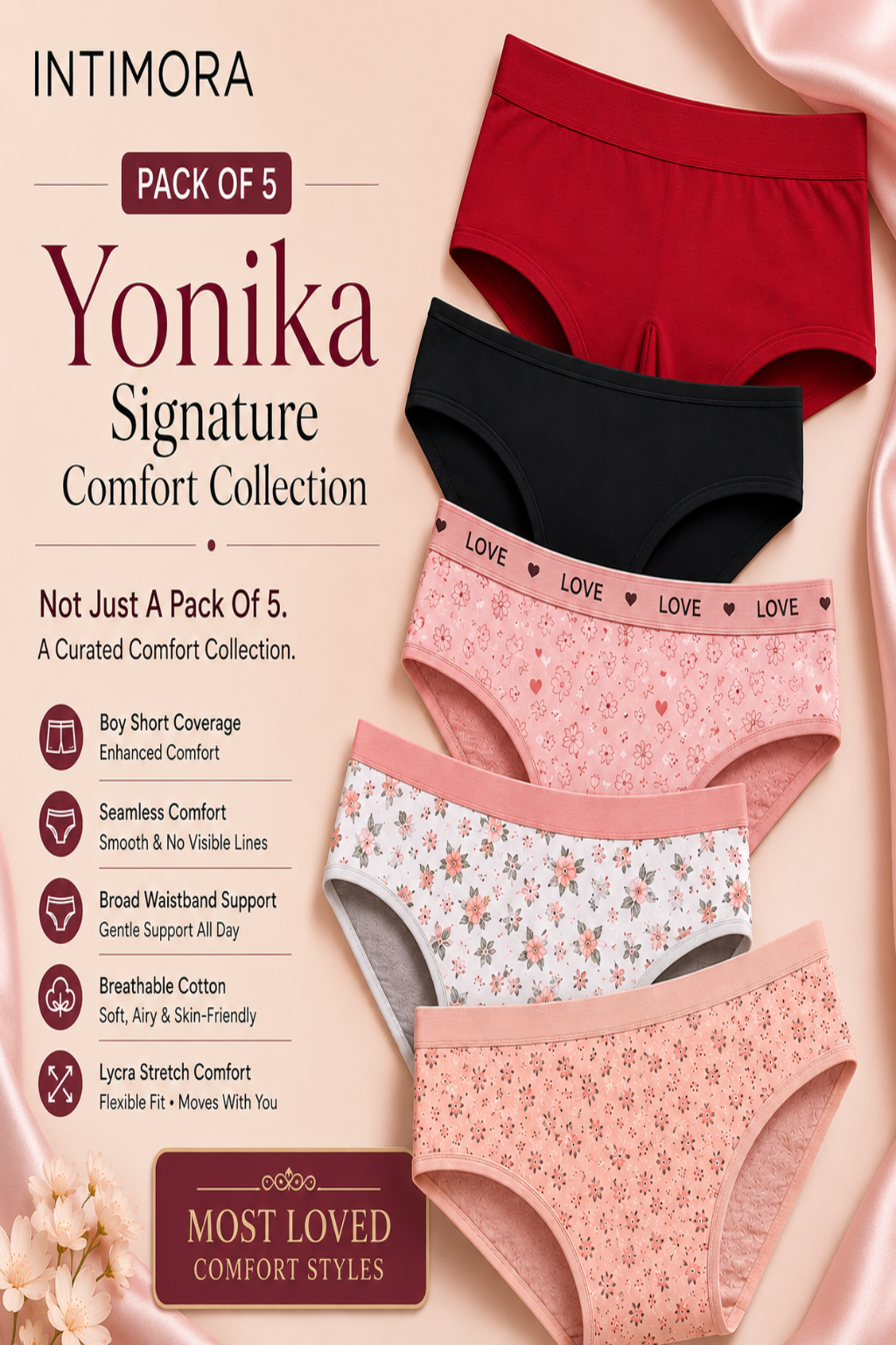 Pack of 5 Yonika Signature Comfort Collection underwear from Intimora on a light pink background.