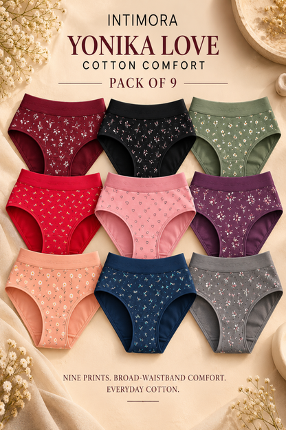 INTIMORA Printed Cotton Panties Pack of 9 | Broad waistband (Assorted colors &amp; Prints)