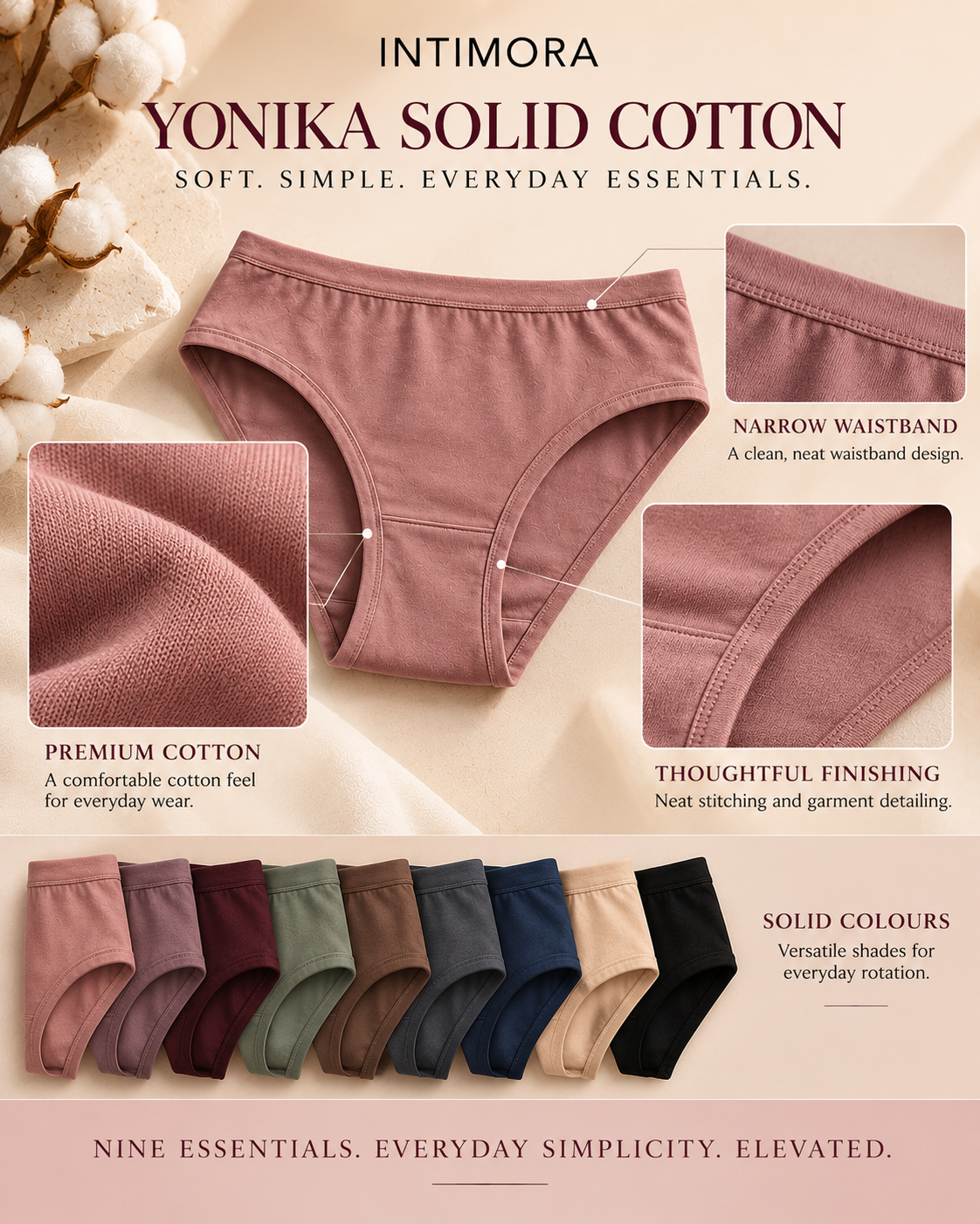 INTIMORA Yonika Solid Panties Pack of 9 | Assorted Colors