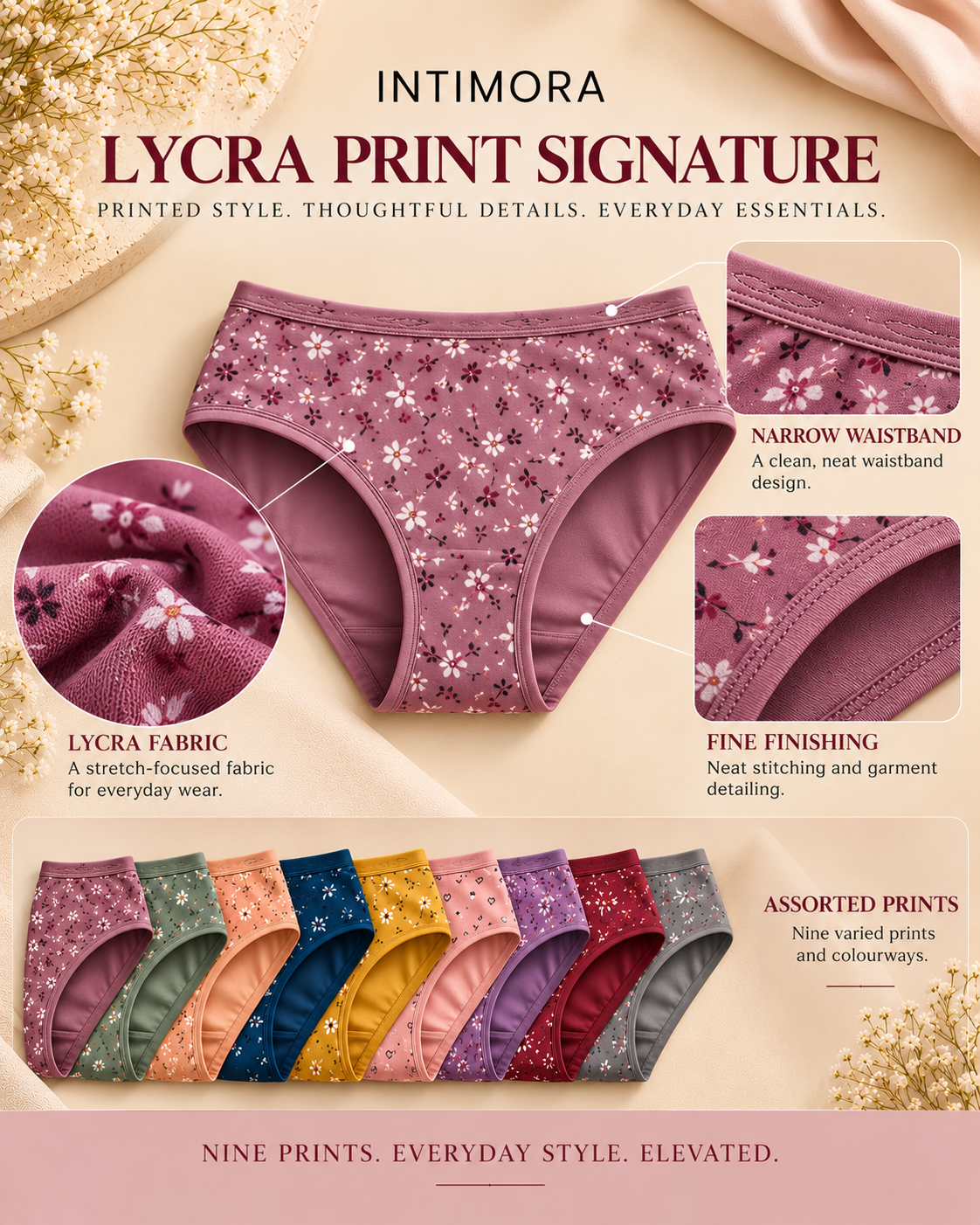 INTIMORA Lycra Printed panties — Pack of 9 | Assorted colors &amp; Prints