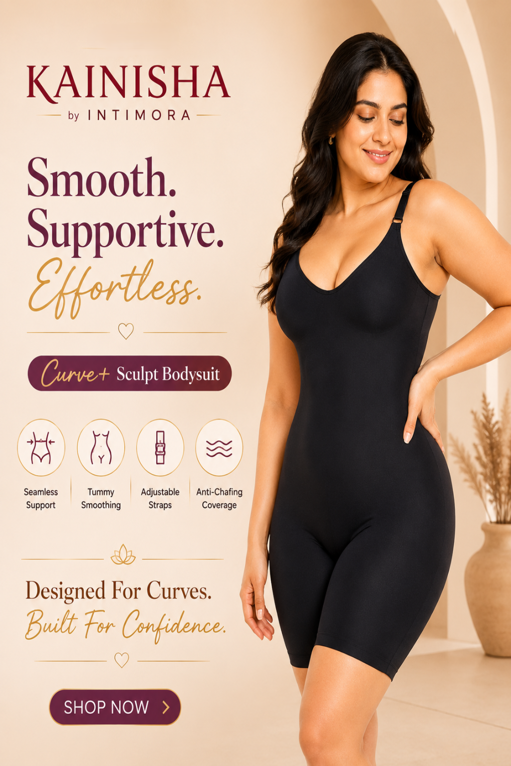 Woman wearing a black Kainisha by Intimora Curve+ Sculpt Bodysuit with product features highlighted.