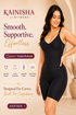 Woman wearing a black Kainisha by Intimora Curve+ Sculpt Bodysuit with product features highlighted.