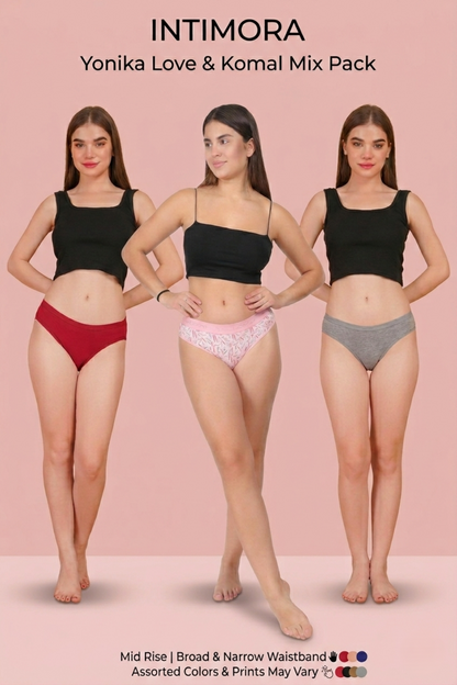 Three women modeling Intimora panties underwear on a pink background