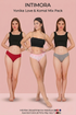 Three women modeling Intimora panties underwear on a pink background