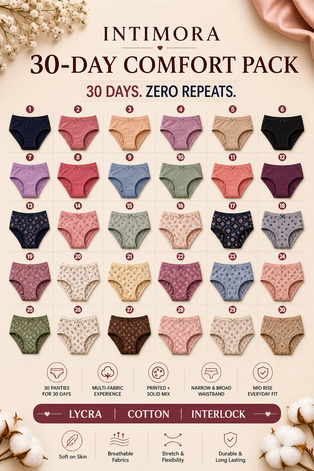 Intimora 30-day comfort pack with various colored panties on a beige background.