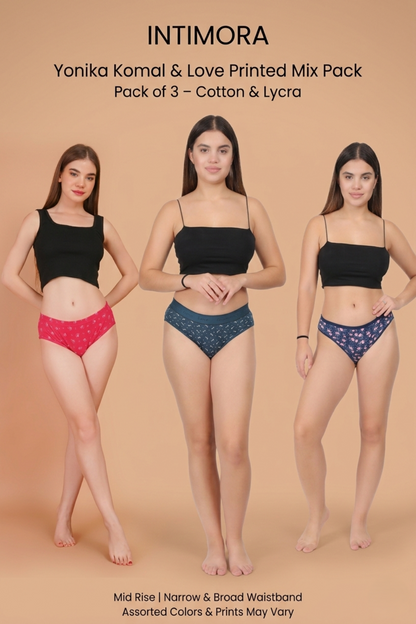 Three women wearing black tops and colorful underwear with Intimora branding on a beige background.