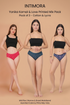 Three women wearing black tops and colorful underwear with Intimora branding on a beige background.