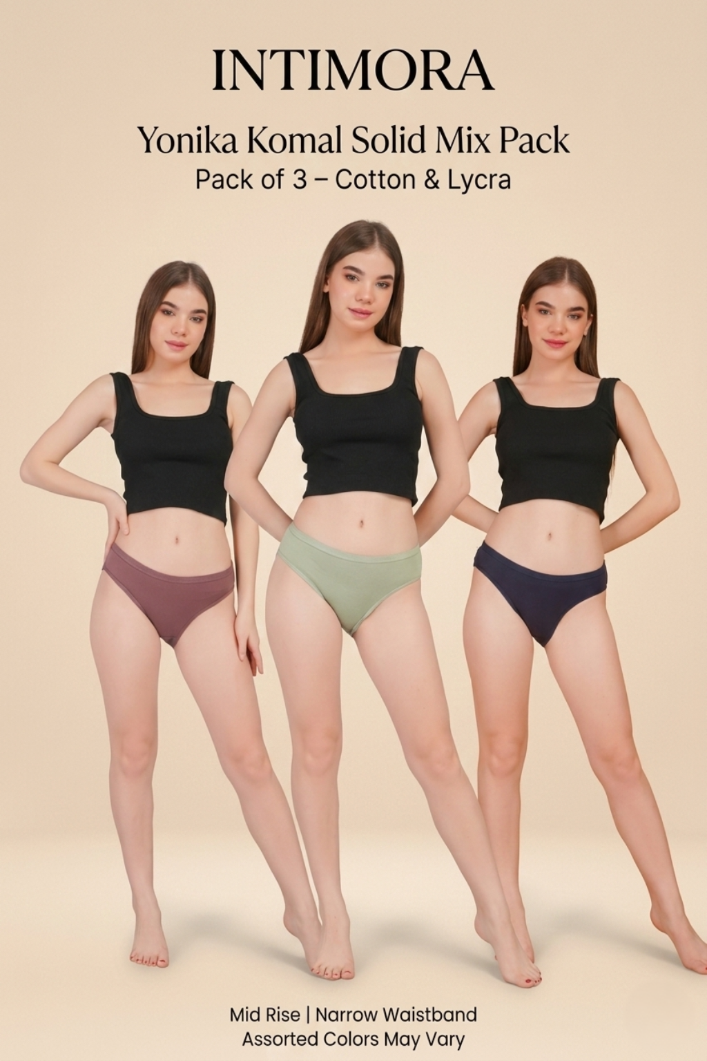 Three women wearing black tops and colorful underwear with Intimora branding on a beige background.