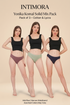 Three women wearing black tops and colorful underwear with Intimora branding on a beige background.