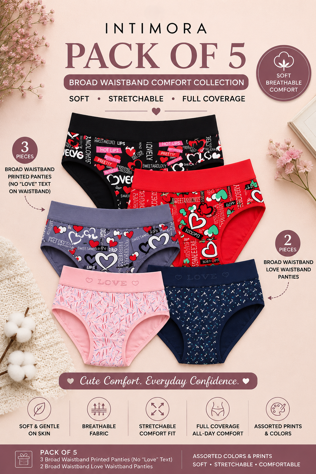 INTIMORA Yonika Broad Waistband Printed Panties Pack of 5 – Soft Stretch Everyday Comfort Panties