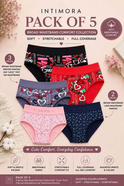INTIMORA Yonika Broad Waistband Printed Panties Pack of 5 – Soft Stretch Everyday Comfort Panties