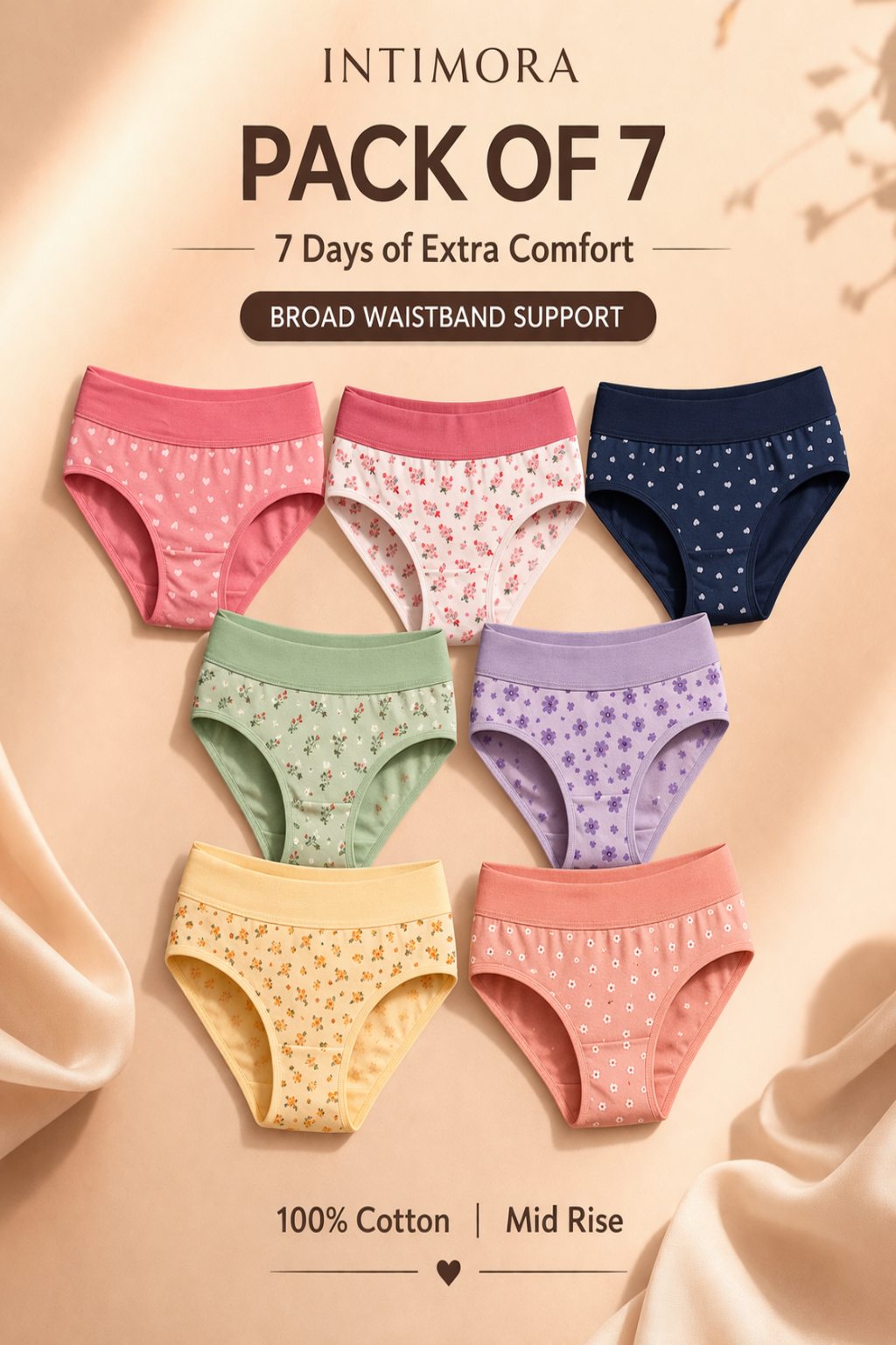 Pack of 7 colorful underwear with INTIMORA branding on a beige background