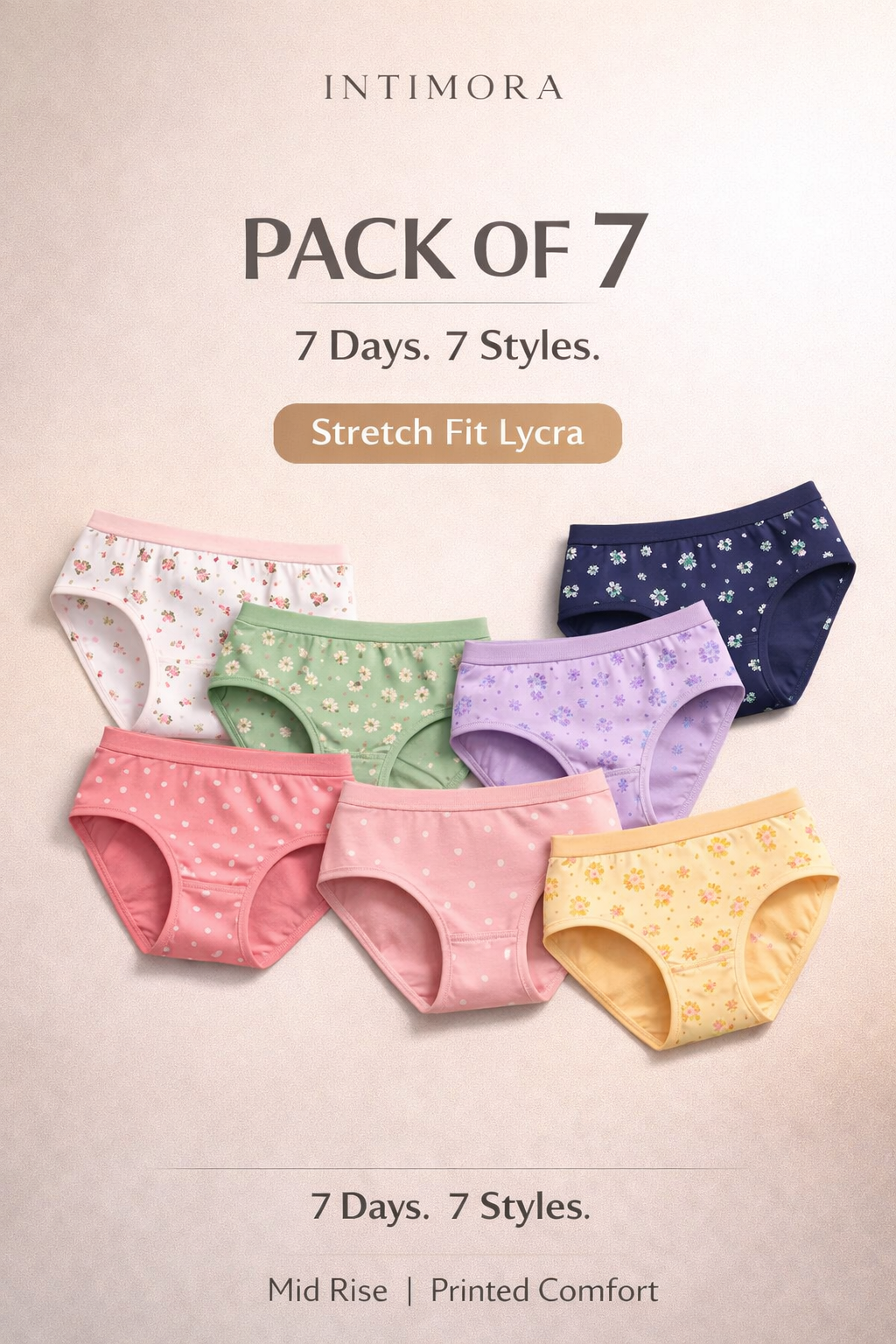 INTIMORA Yonika Komal Pack of 7 Lycra Printed Panties – Stretch Fit Mid Rise (Assorted)