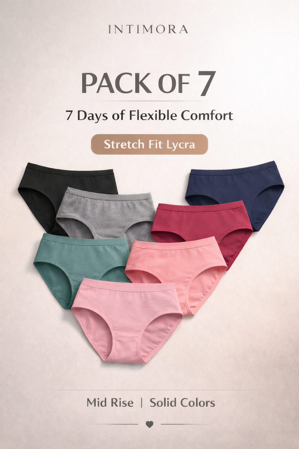 INTIMORA Yonika Komal Pack of 7 Lycra Panties – Solid Mid Rise Stretch Fit (Assorted)