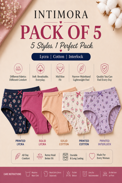 INTIMORA Yonika Pack of 5 Mix Panties – Lycra + Cotton + Interlock (Printed &amp; Solid Combo)