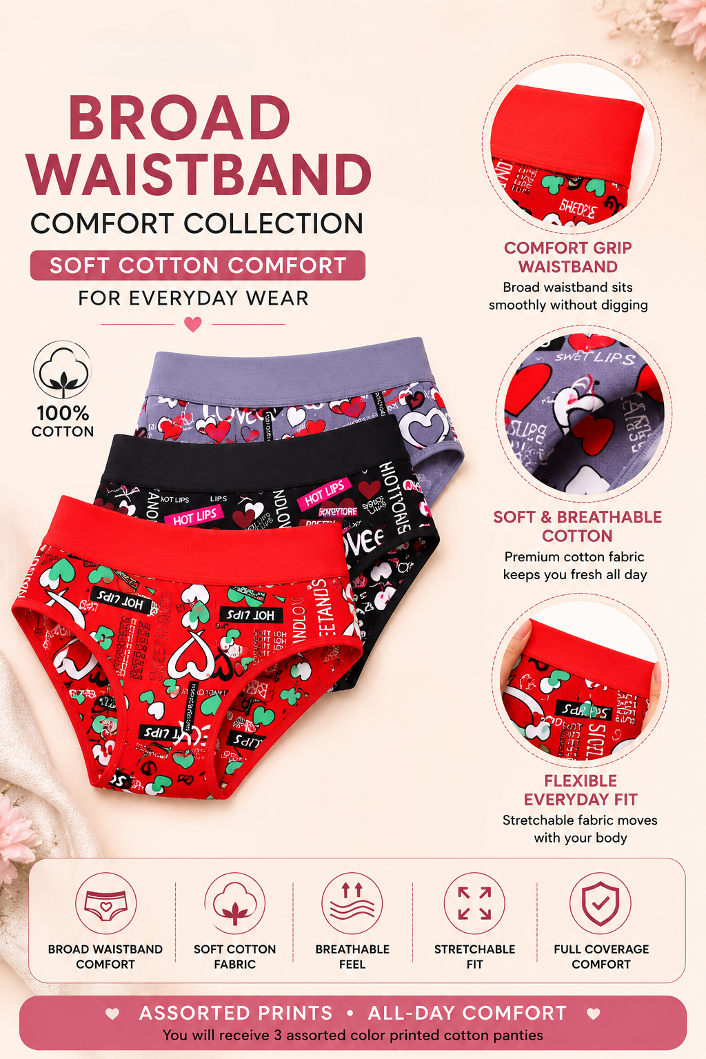 Assorted printed panties with broad waistband feature on a light pink background