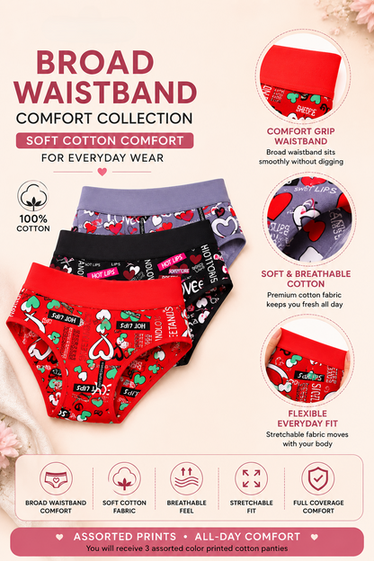 Assorted printed panties with broad waistband feature on a light pink background