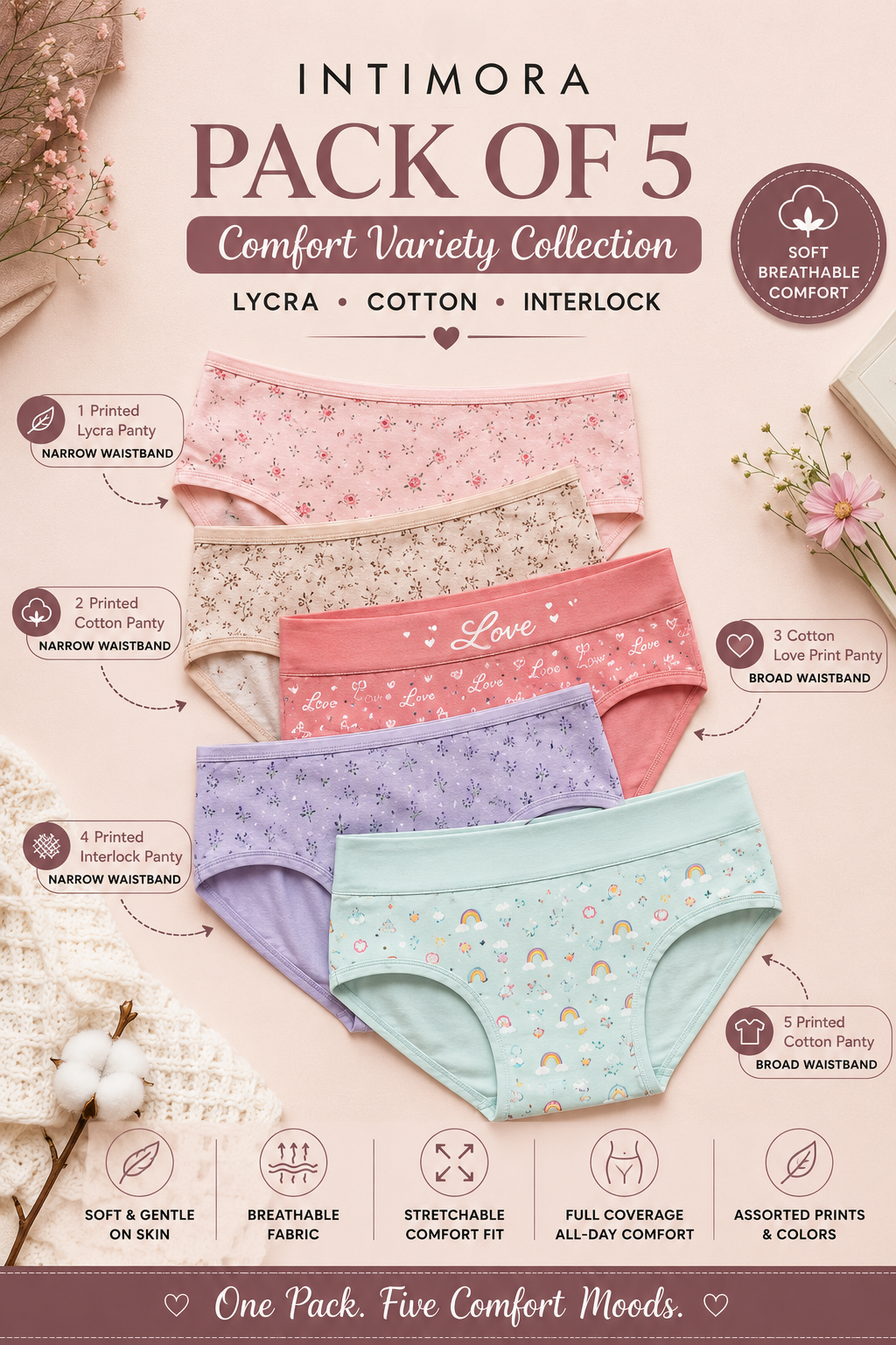 INTIMORA Comfort Variety Panties Pack of 5 – Printed Cotton, Lycra &amp; Interlock Panties (Assorted Colors &amp; Prints)