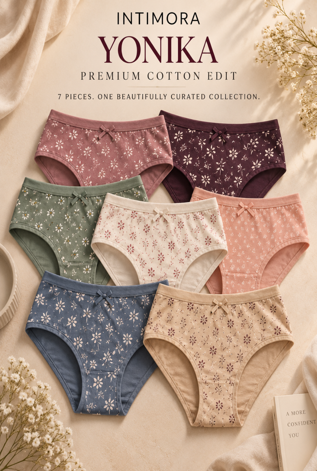 A styled flat-lay of seven Intimora Yonika premium cotton briefs in assorted floral prints and solid colors, arranged on a beige fabric background with decorative dried flowers and text overlay.