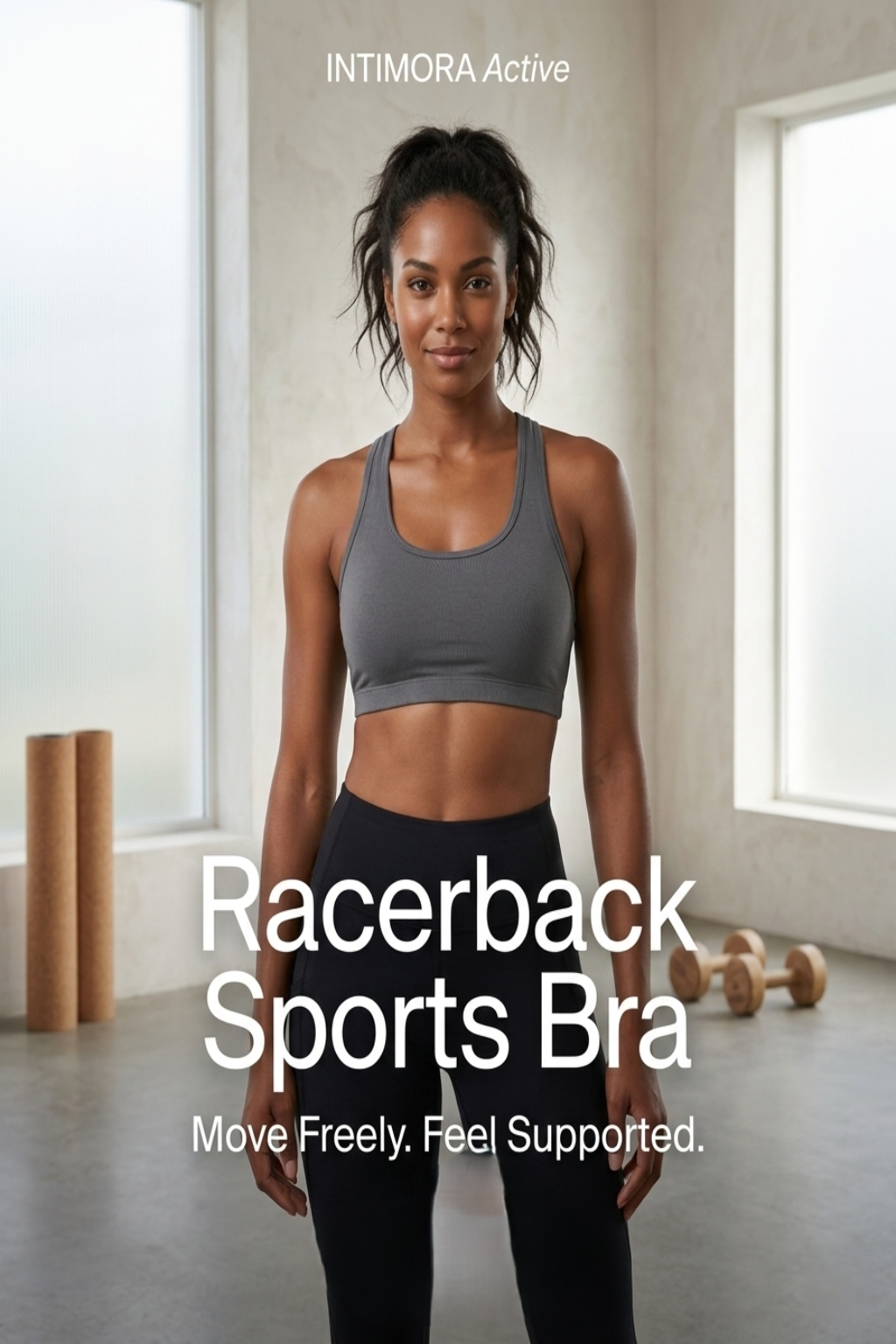 Woman wearing a gray racerback sports bra in a gym setting with &