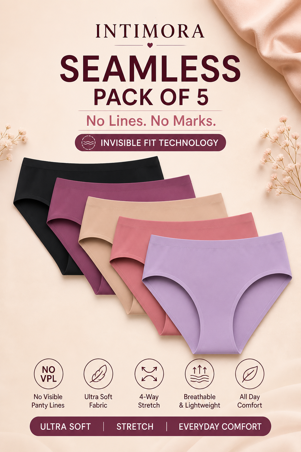 INTIMORA Yonika Premium Seamless Panties Pack of 5 – No VPL, Mid Rise Invisible Fit (Ultra Soft Stretch - Assorted Colors))
