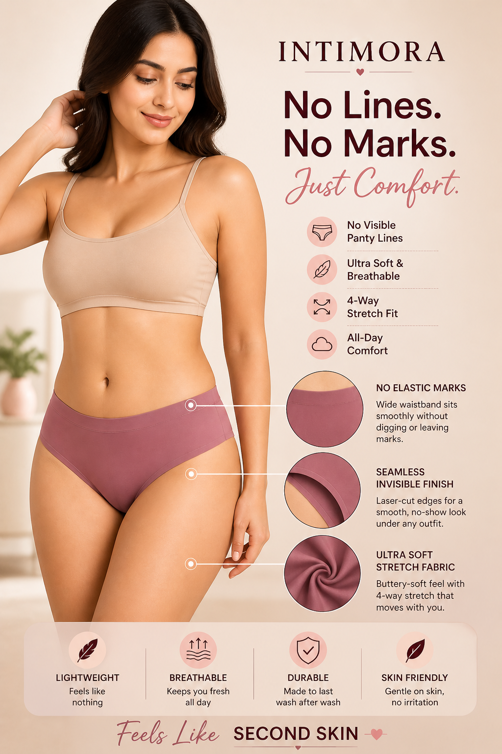 INTIMORA Yonika Premium Seamless Panties Pack of 5 – No VPL, Mid Rise Invisible Fit (Ultra Soft Stretch - Assorted Colors))