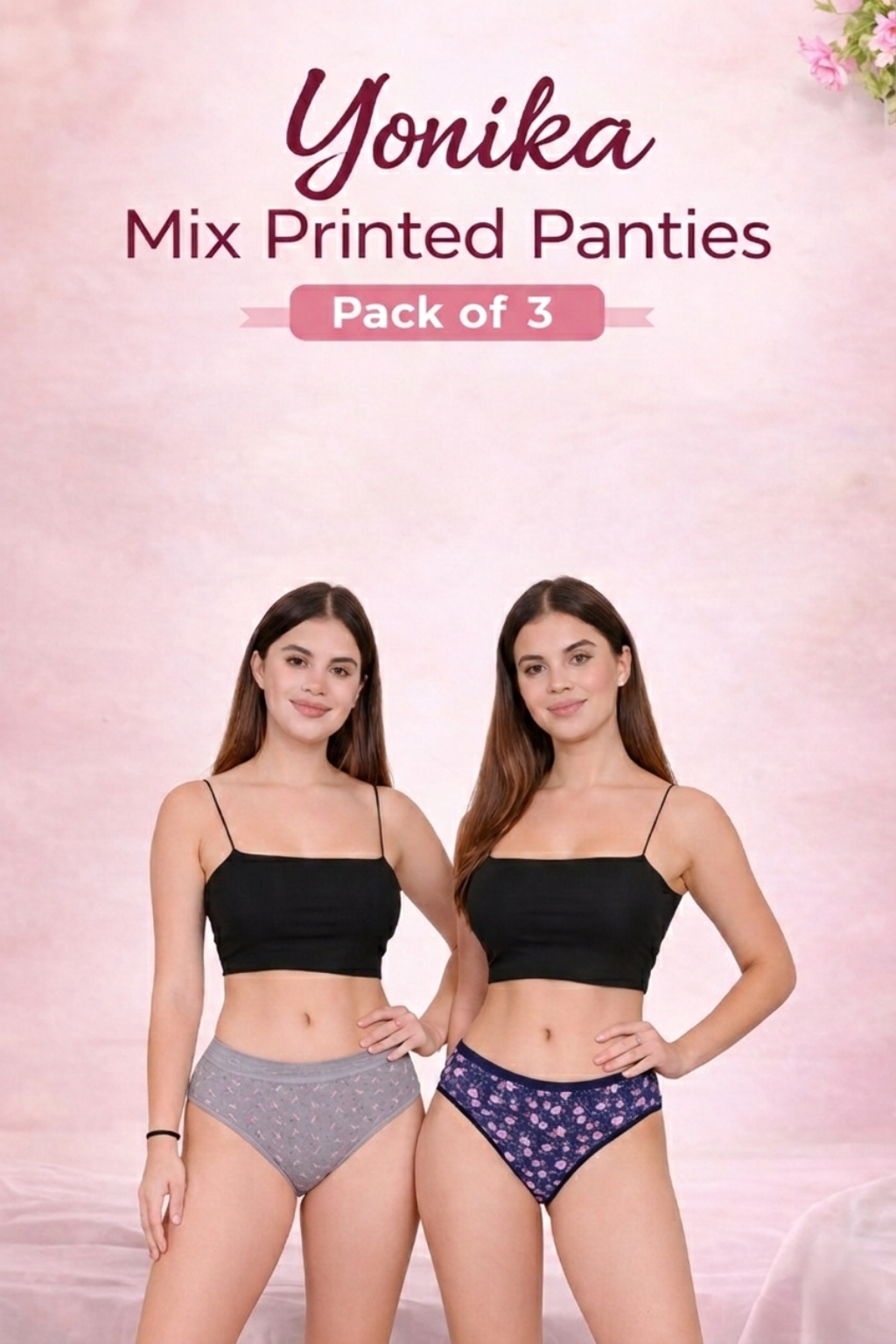 Two models wearing Yonika mix printed panties with a pink background