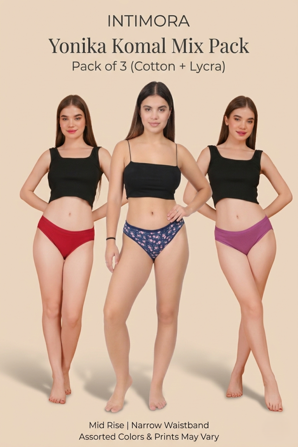 Three women modeling Intimora Yonika Komal underwear set with text on a beige background