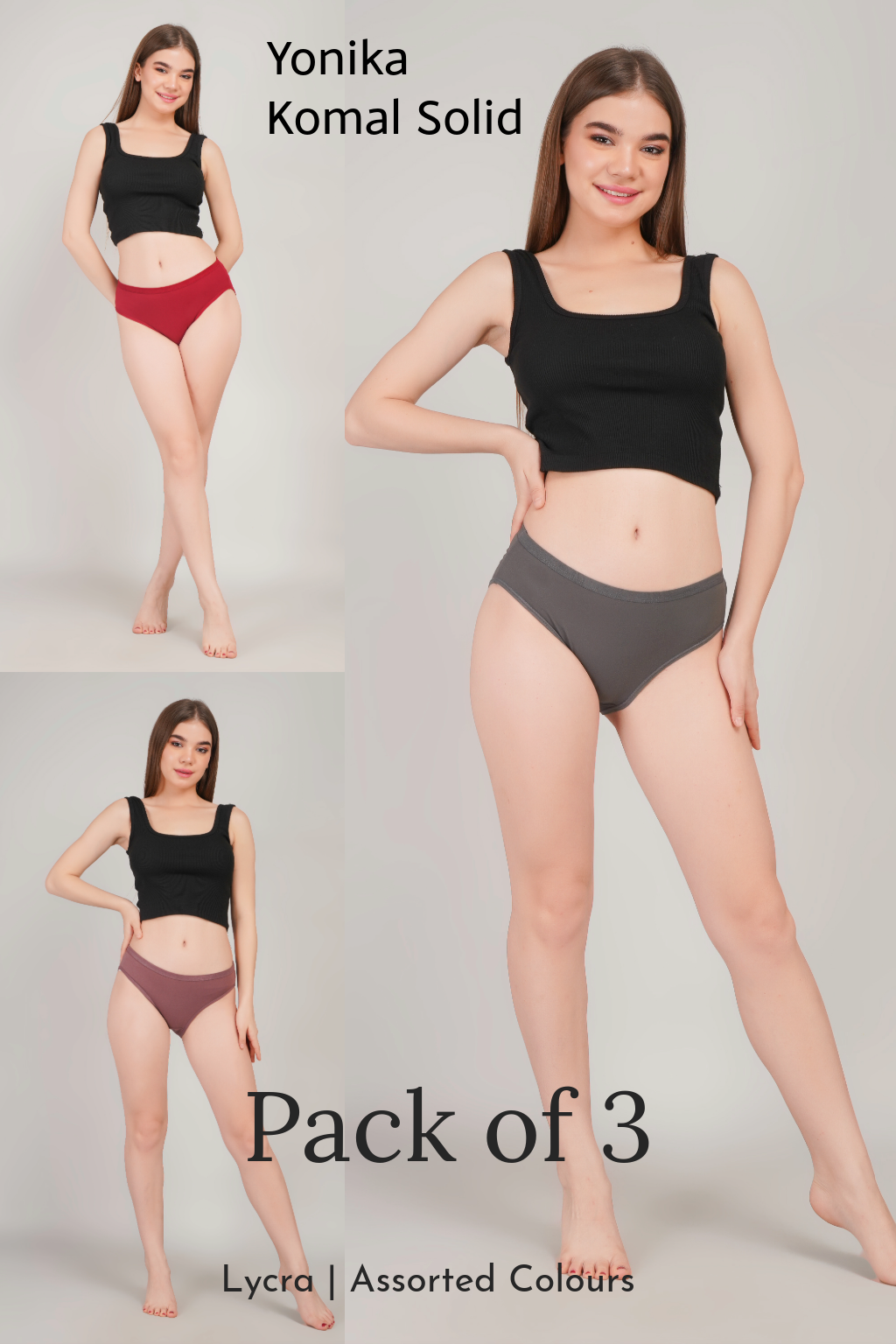 Yonika Komal Solid Lycra Panties | Pack of 3 | Soft Stretch Everyday Comfort